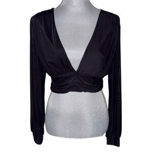 Sincerely Jules Black Sheer Long Sleeve V-Neck Crop Top